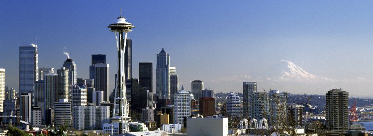Photo of Downtown Seattle with Space Needle and Mount Rainier
